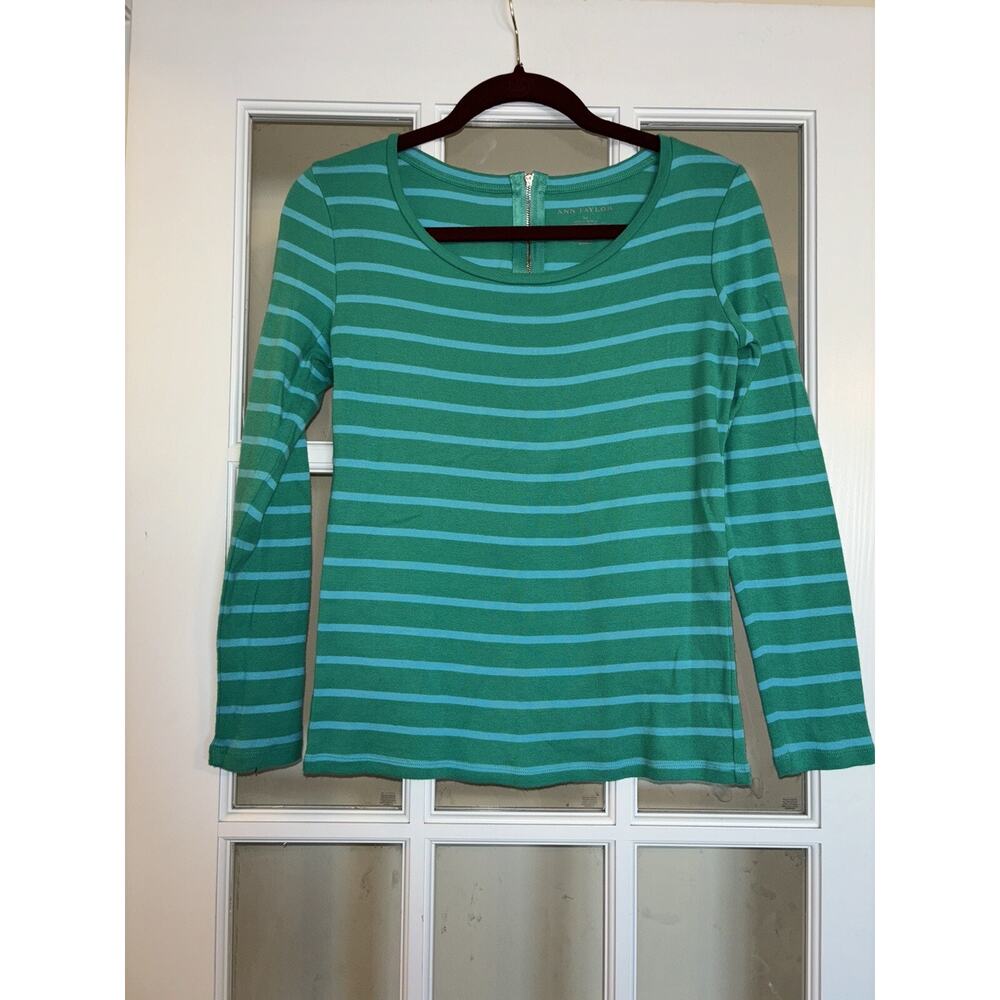 Ann Taylor women’s long sleeve striped blouse green blue round neck women’s MD